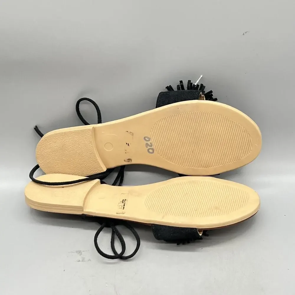 Mariella Sandals Womens 8.5 Black Suede Fringe Lace Up Flats Casual Comfort